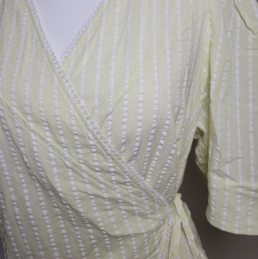 Ganni Seersucker Striped Wrap Blouse Short Sleeve Cotton Yellow & White 40 8/10 - Picture 9 of 16